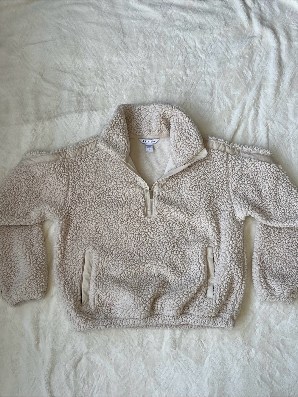 Athleta Cozy Sherpa Half Zip Pullover Cream Beige Fleece Jacket | Size Small